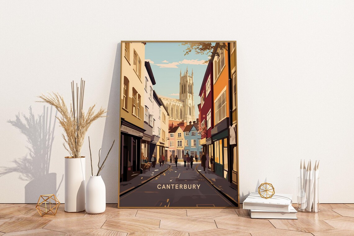 Canterbury England Cathedral Street Retro Travel Poster Illustration