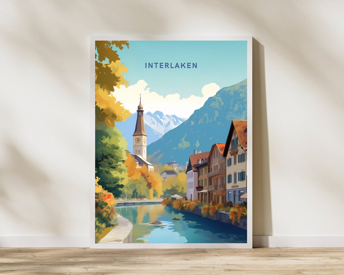 Interlaken Switzerland River and Church Town Alpine Travel Poster
