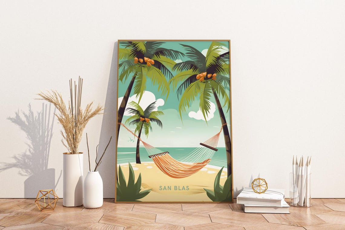 San Blas Islands Panama Hammock Beach Retro Vintage Travel Poster