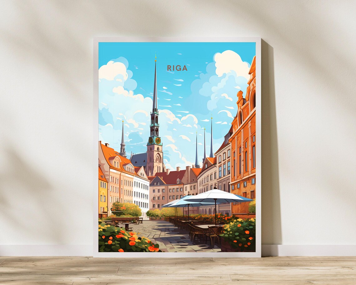 Riga Latvia Old Town Square Church Spire Travel Illustration Poster