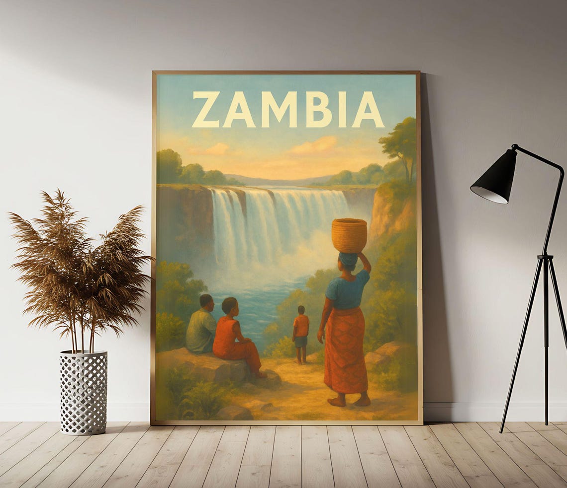 Zambia Victoria Falls Mighty Waterfall Vintage Travel Poster