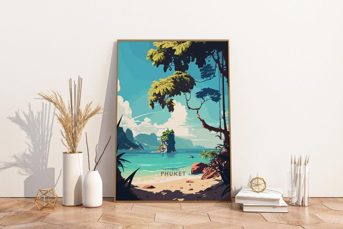 Phuket Thailand Tropical Beach Travel Poster Limestone Karsts Artwork