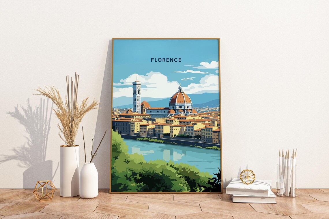 Florence Italy Vintage Travel Poster With Duomo Cathedral Skyline