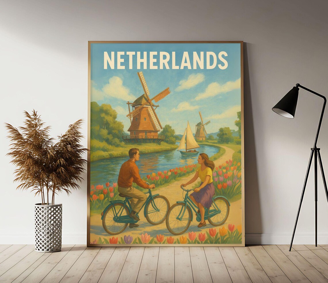 Netherlands Windmill Tulip Canal Cycling Dutch Vintage Travel Poster