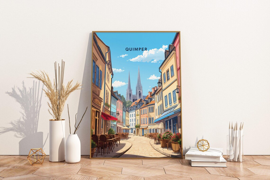Quimper France Cathedral Street Vintage Brittany Travel Poster