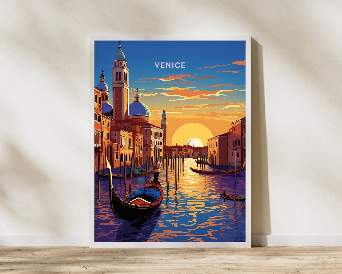Venice Italy Sunset Canal Gondolas Illustration Travel Poster