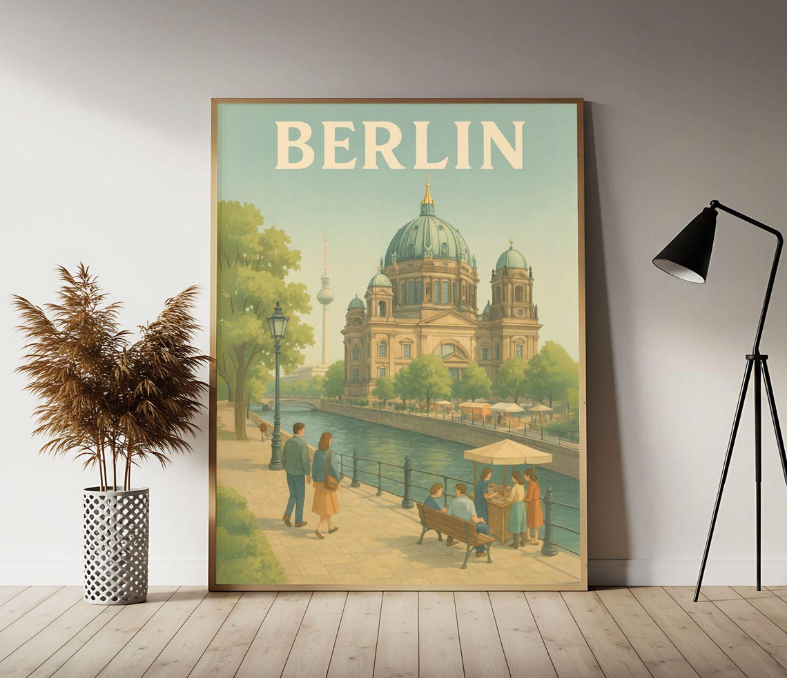 Berlin Germany Cathedral Vintage Style Summer River Travel Poster
