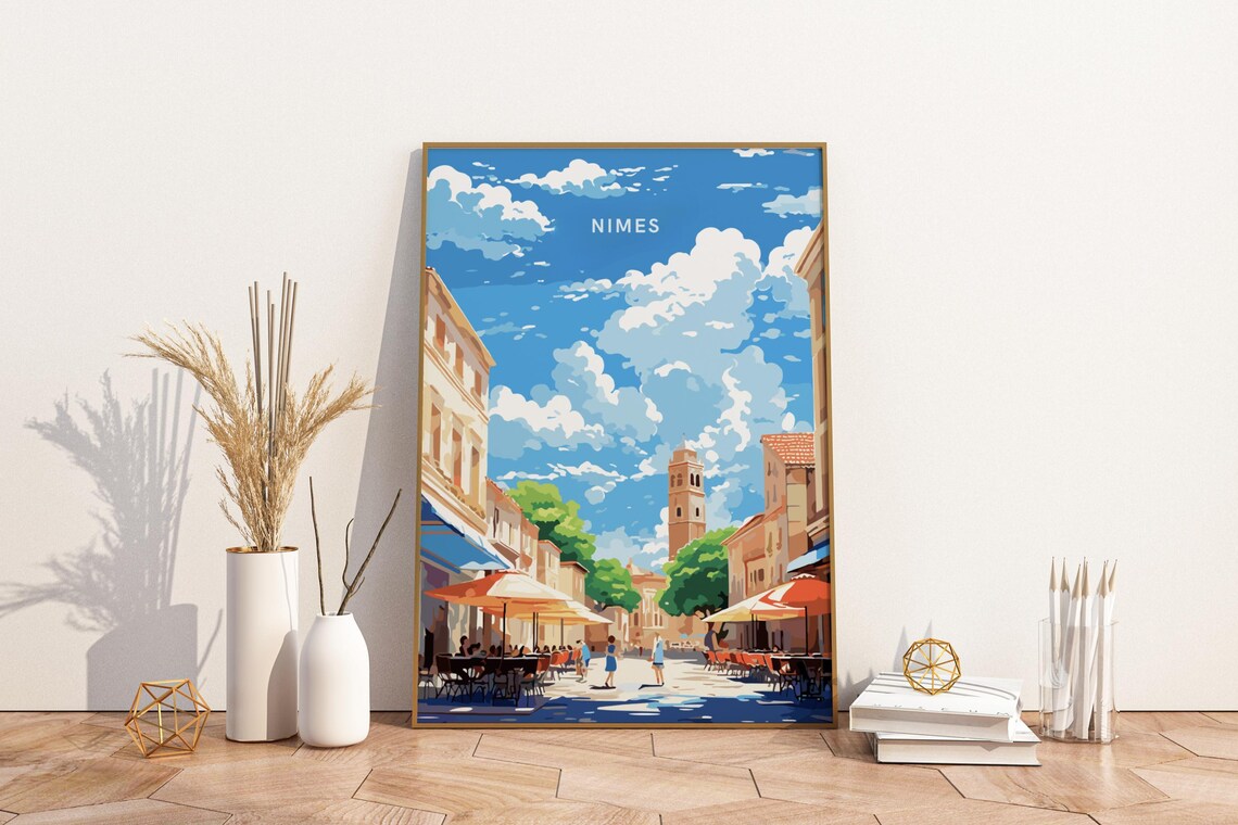 Nimes France Sunny Old Town Cafe Square Vintage Travel Poster