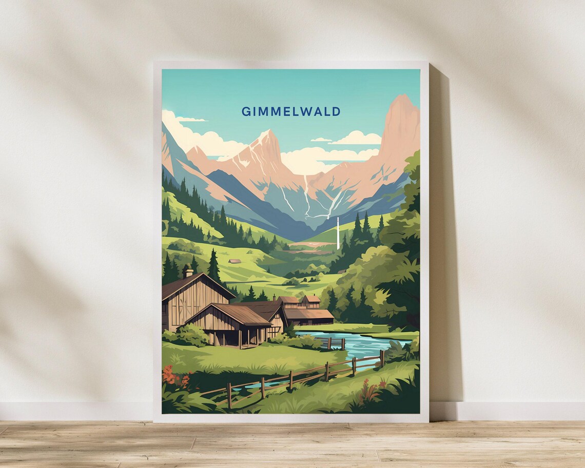 Gimmelwald Switzerland Alpine Village Mountain View Vintage Poster