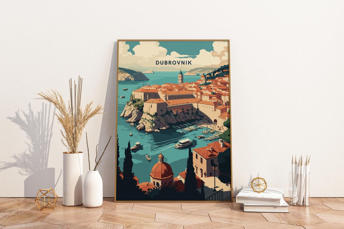 Dubrovnik Croatia Old Town Harbor Vintage Travel Wall Poster