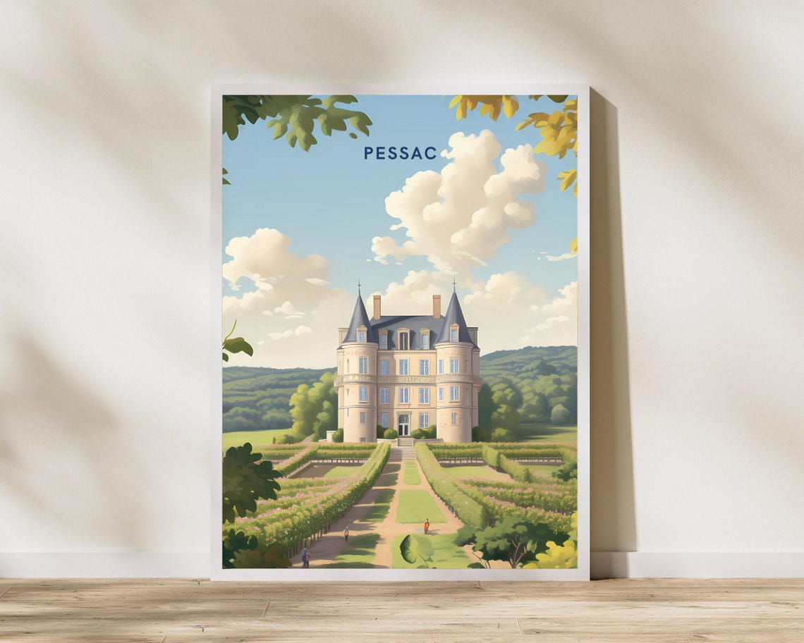 Pessac France Chateau and Formal Gardens Vintage Travel Poster
