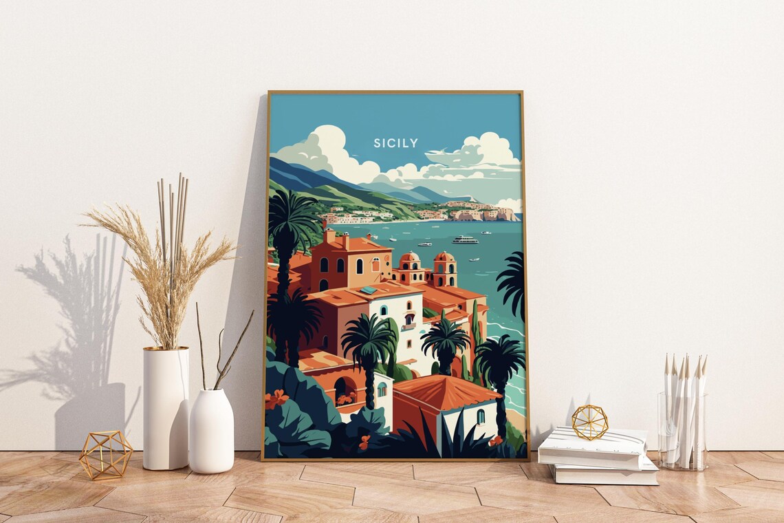 Sicily Italy Travel Poster Coastal Town with Palm Trees and Harbor