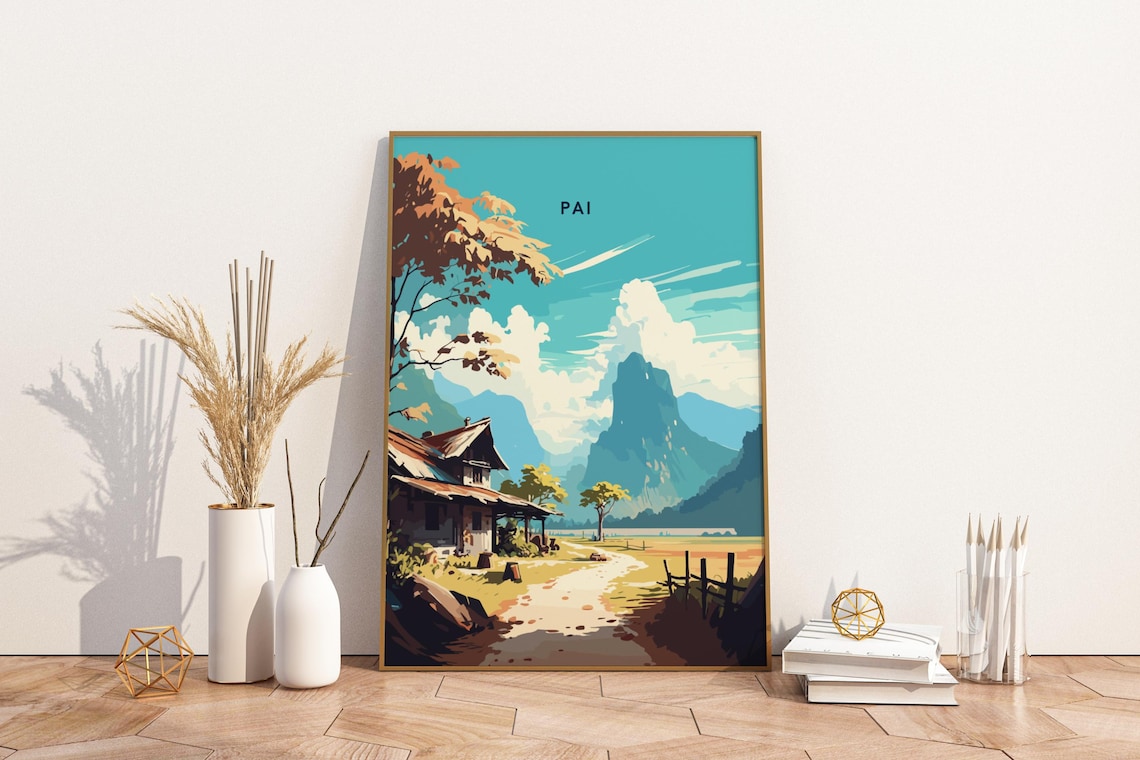 Pai Thailand Vintage Travel Poster With Scenic Mountain Temple View