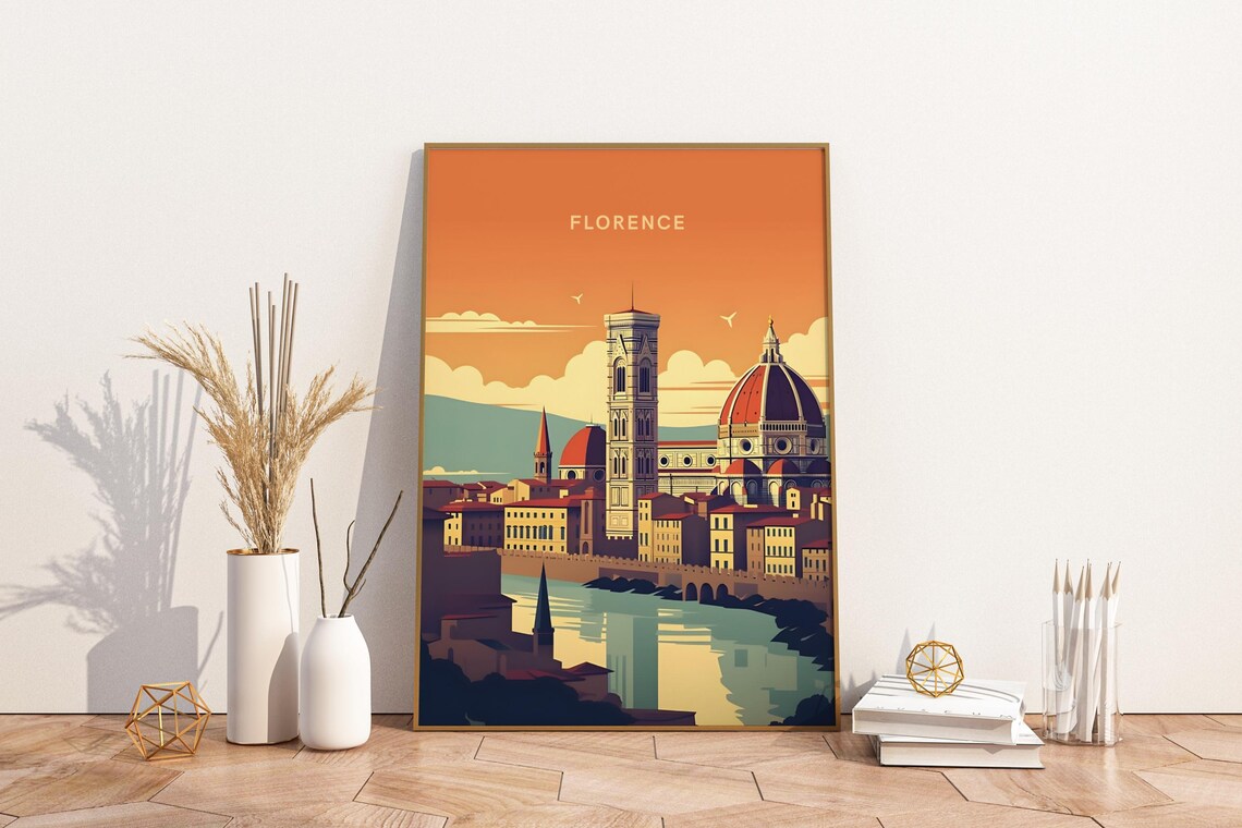 Florence Italy Duomo Cathedral Sunset Skyline Vintage Travel Poster