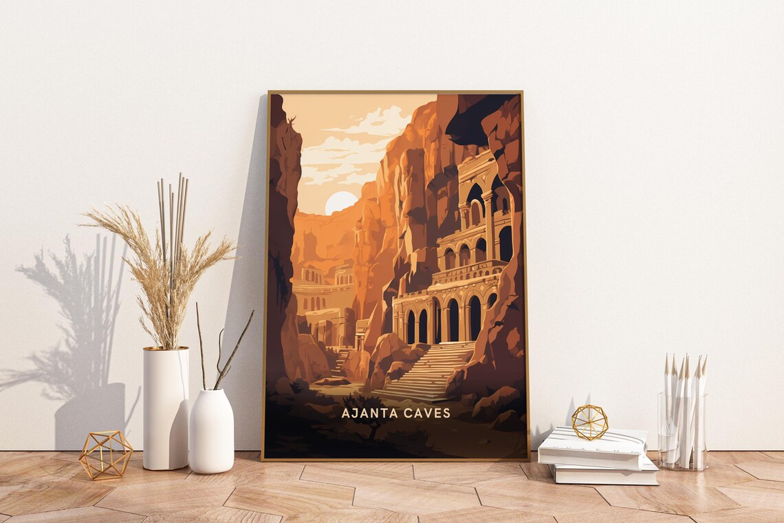 Ajanta Caves India Rock Cut Temples Canyon Vintage Travel Poster