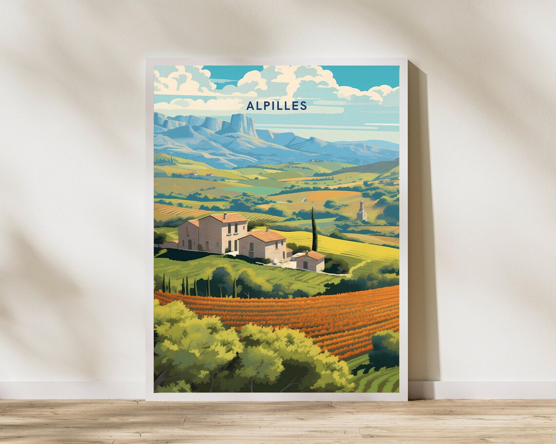Alpilles France Provence Vineyard Farmhouse Mountain Travel Poster