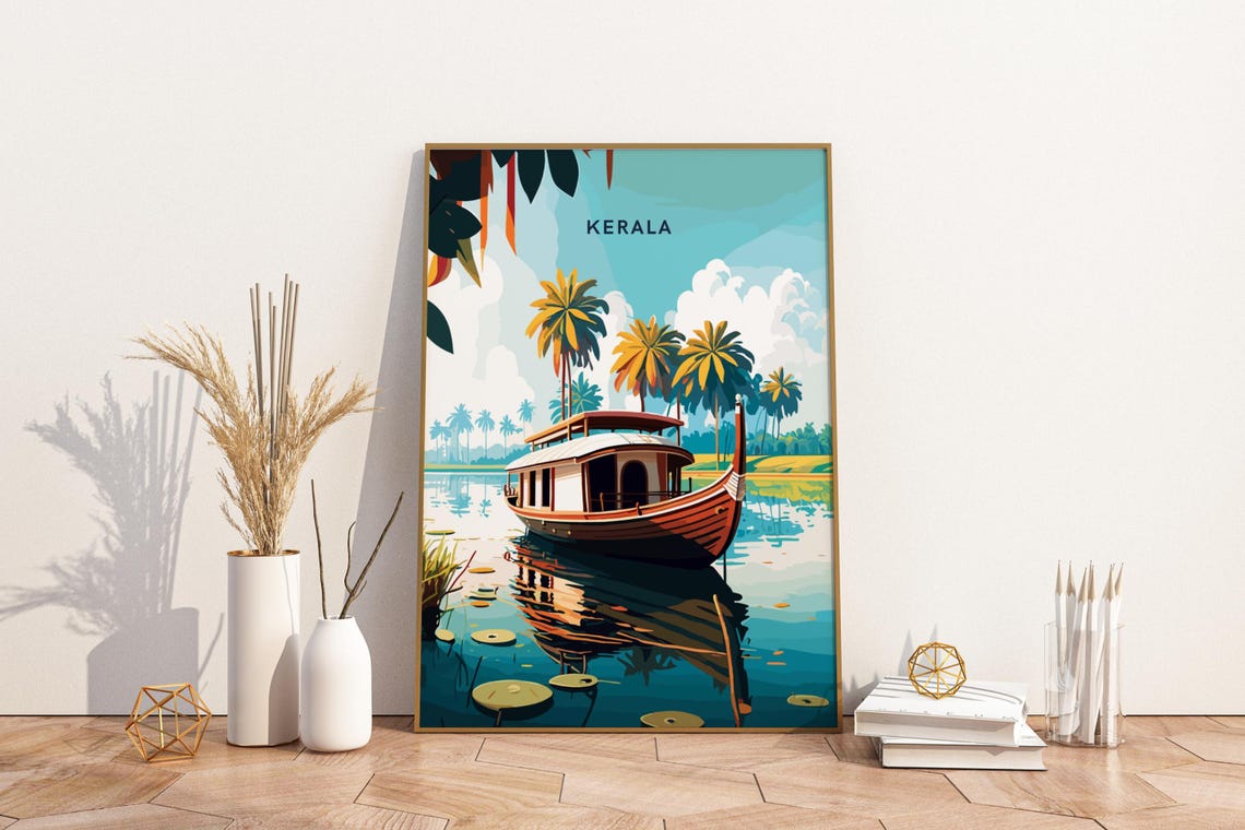 Kerala India Backwaters Houseboat Palm Trees Vintage Travel Poster