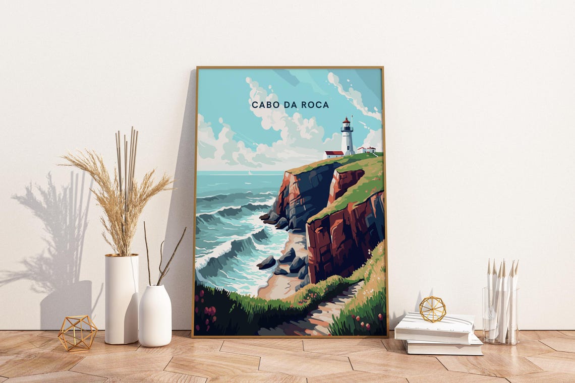 Cabo Da Roca Portugal Lighthouse Ocean Cliffs Retro Travel Poster