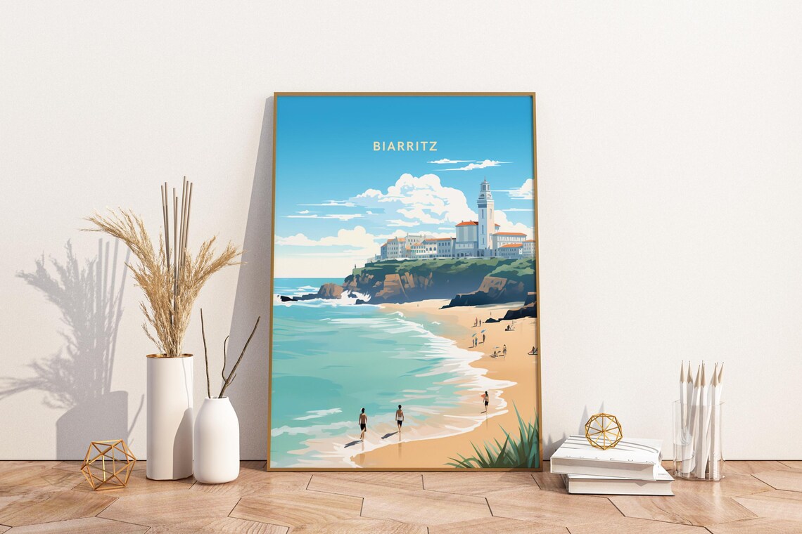 Biarritz France Coastal Beach Lighthouse Vintage Travel Poster
