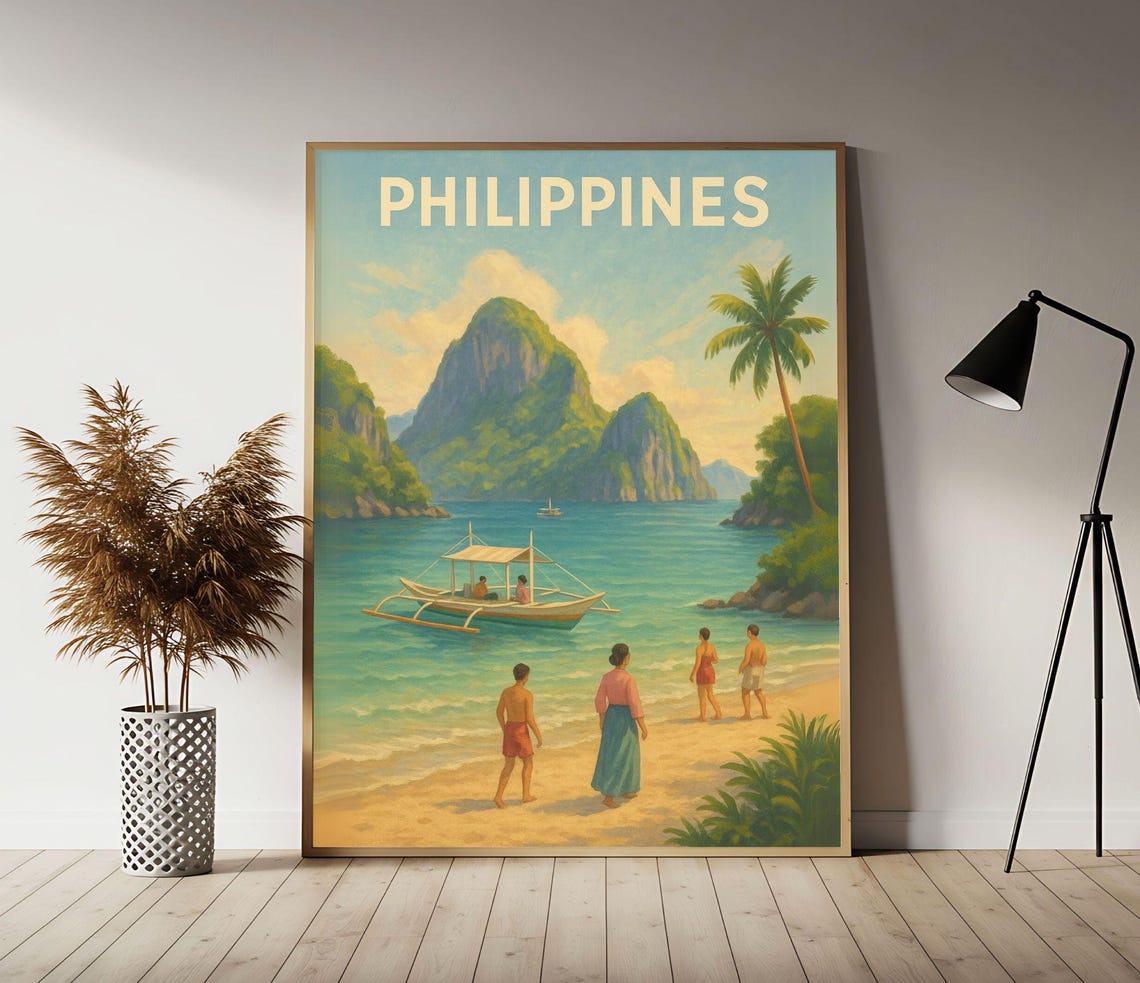 Vintage Philippines El Nido Beach Travel Poster Tropical Island Art