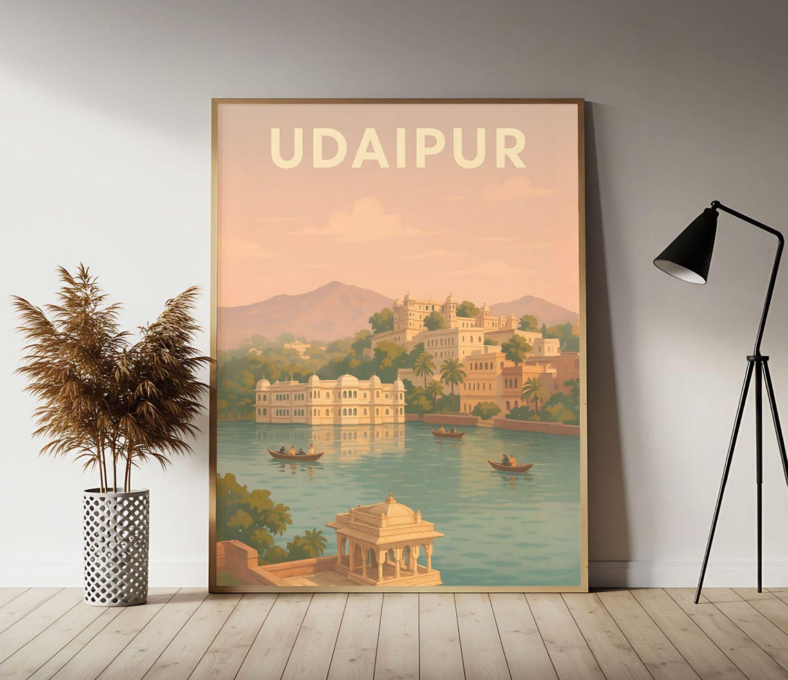 Udaipur Vintage Travel Poster With Lake Pichola Palace Scene