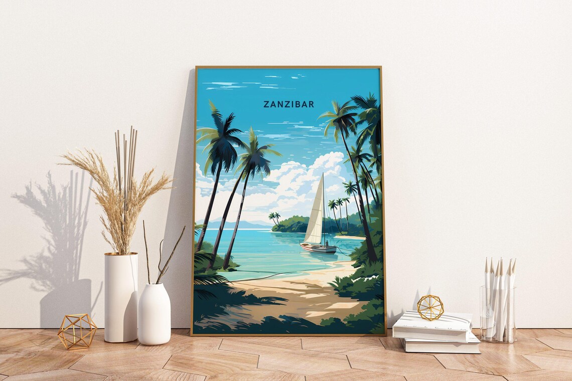 Zanzibar Tanzania Palm Beach Dhow Sailboat Retro Travel Poster