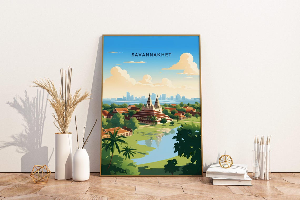 Savannakhet Laos Temple Riverside Tropical Travel Art Poster