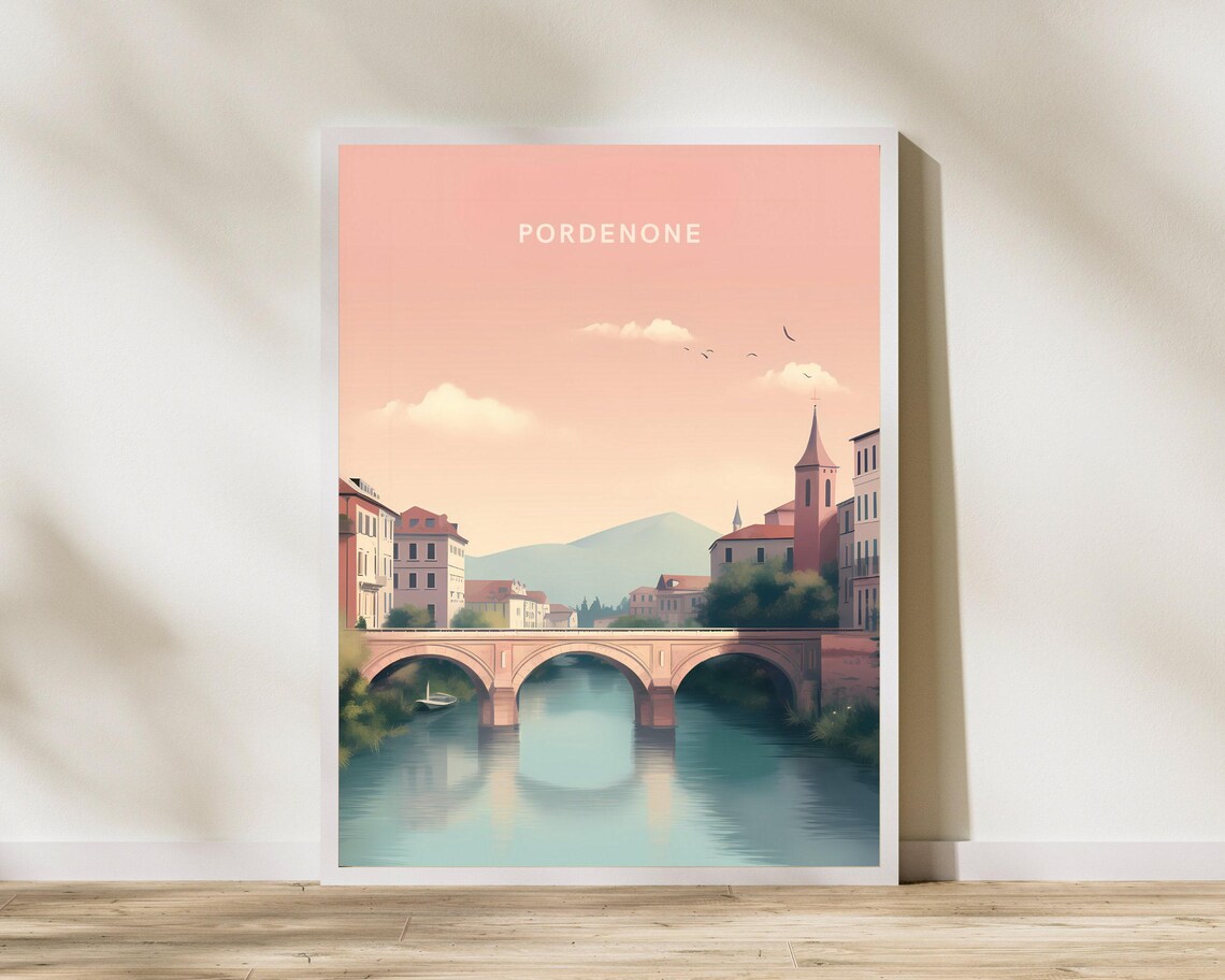 Pordenone Italy Vintage Style River Bridge Old Town Pastel Art Poster