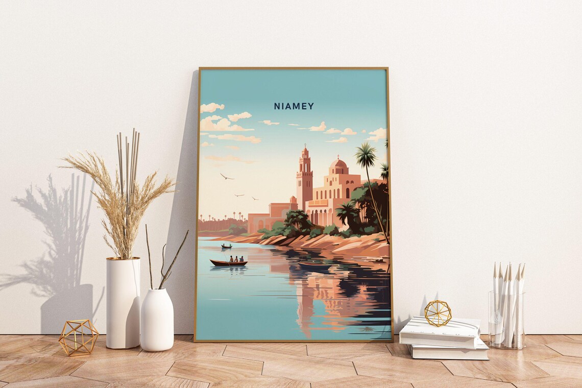 Niamey Niger Travel Poster with Grand Mosque and River Boats Art