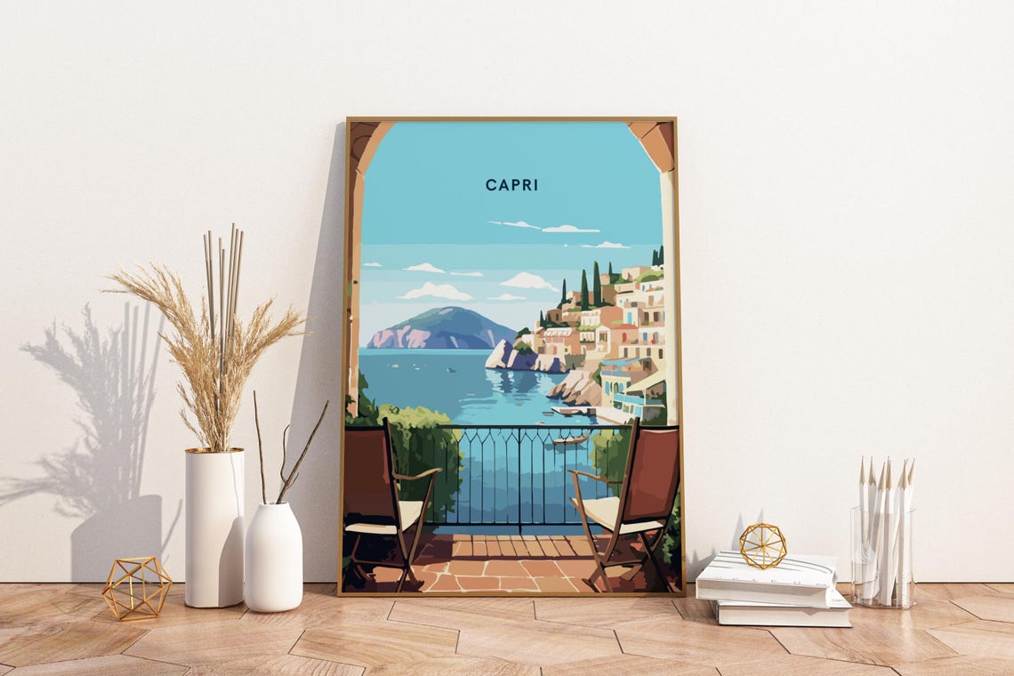 Capri Italy Coastal Balcony View Vintage Mediterranean Travel Poster