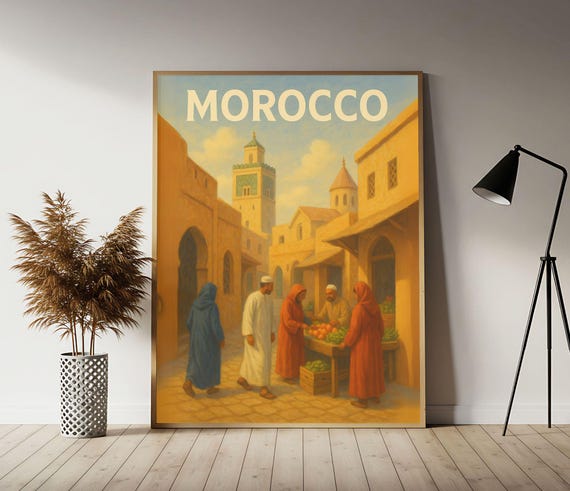 Morocco Moroccan Market Travel Poster Marrakech Wall Art Print Vintage Decor