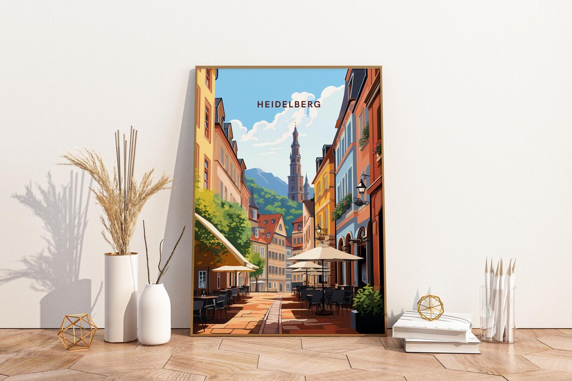 Heidelberg Germany Old Town Street Church Vintage Travel Poster
