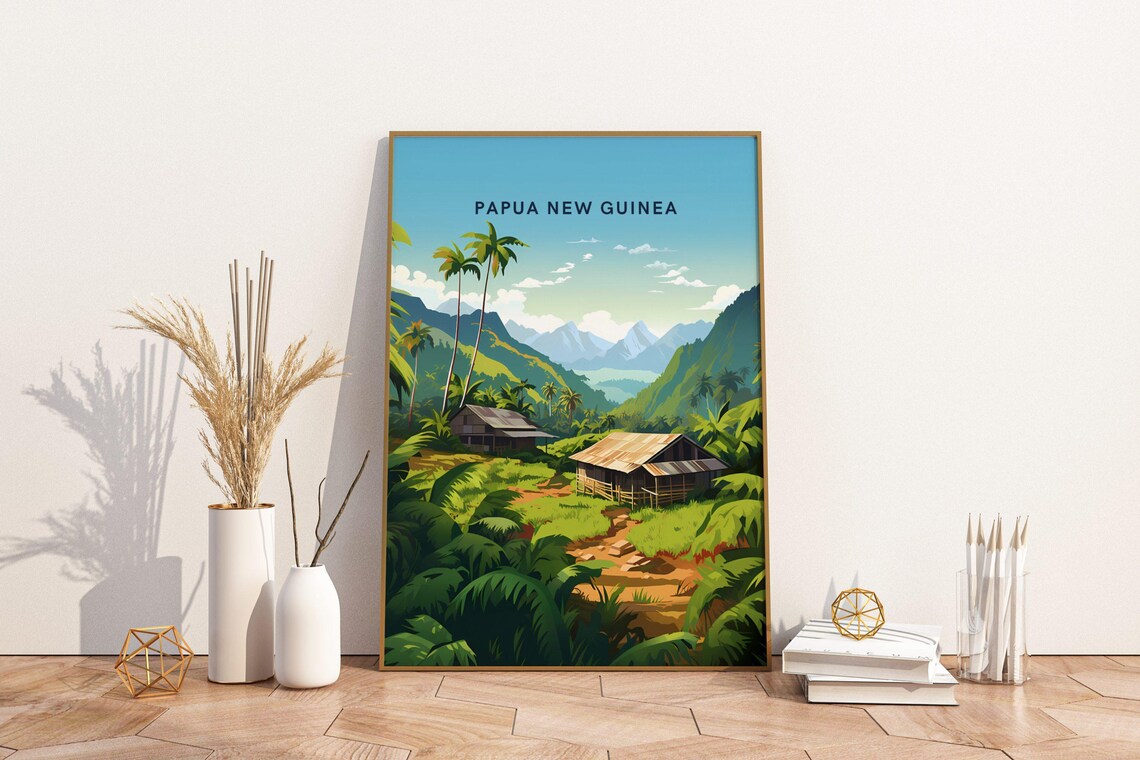 Papua New Guinea Jungle Village Hut Mountain Travel Art Poster