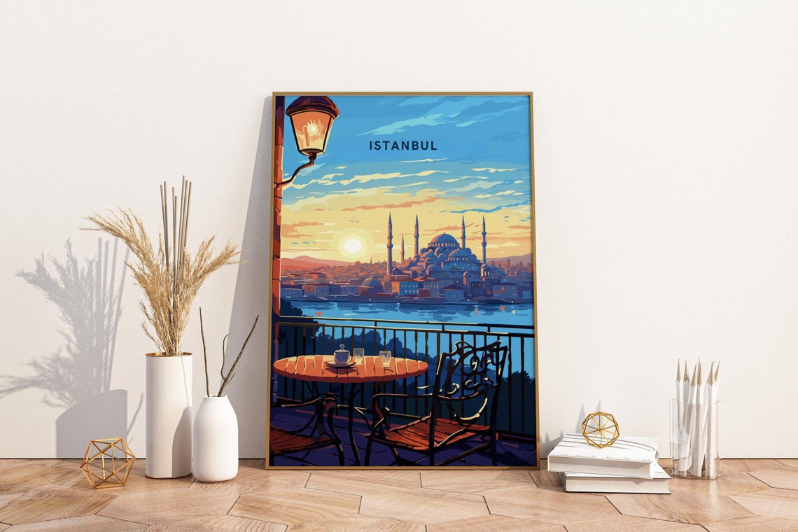 Sunset Over Istanbul Blue Mosque Terrace Travel Scene Wall Poster