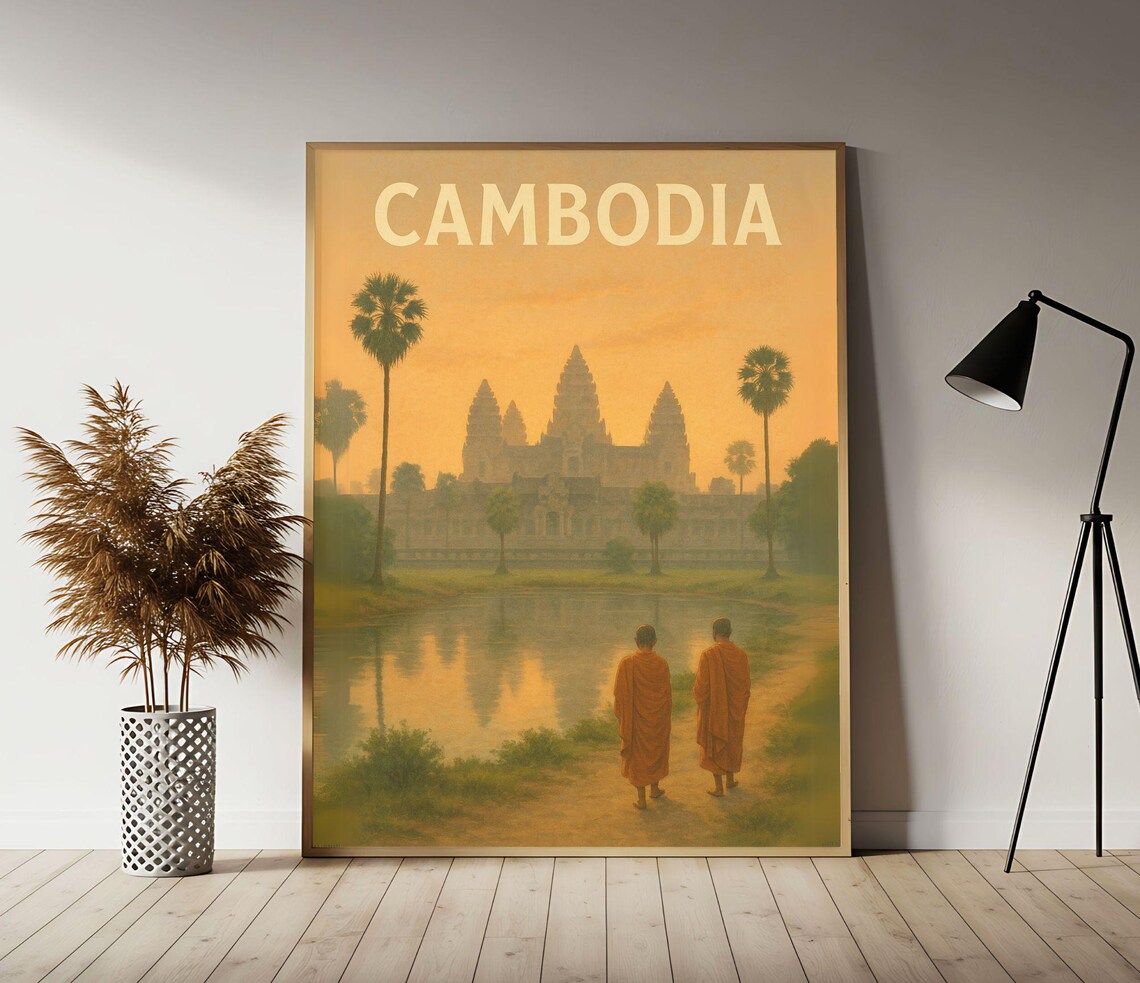 Cambodia Angkor Wat Reflected at Sunrise Vintage Travel Poster