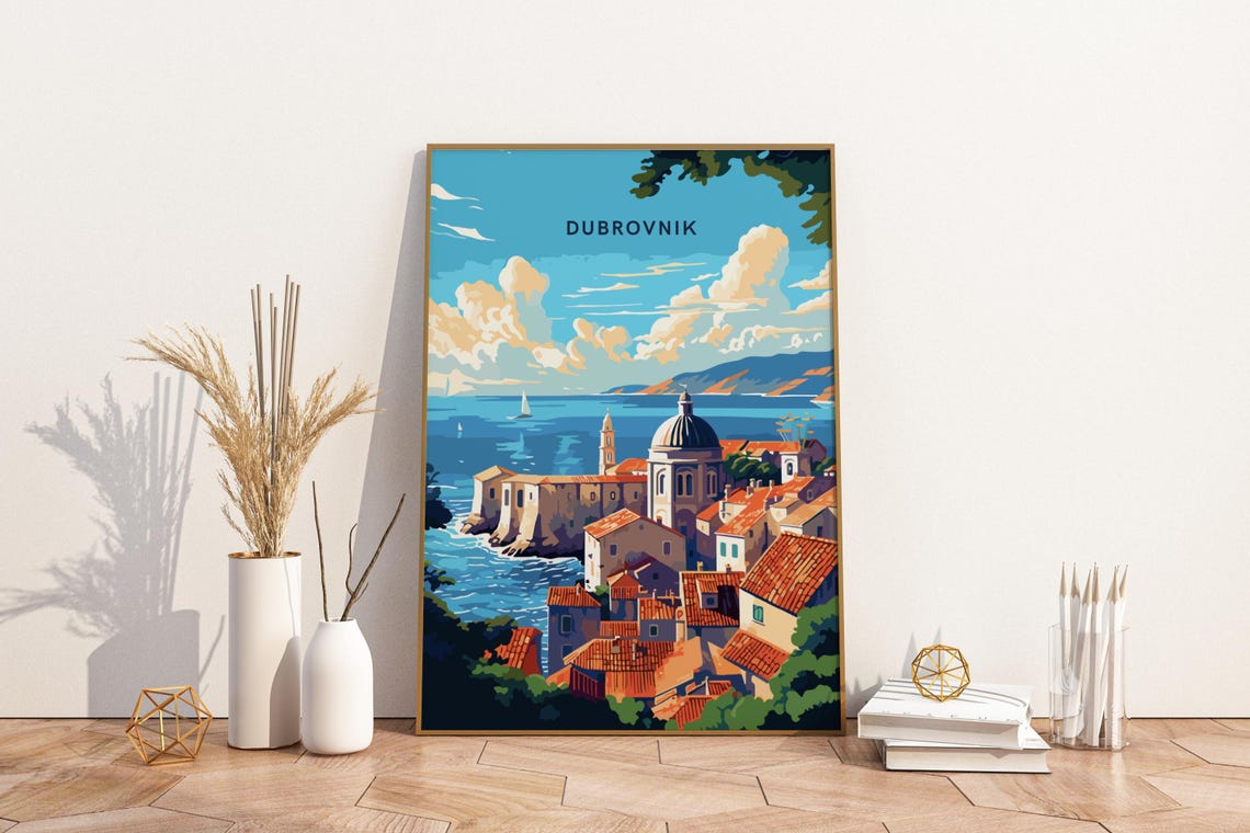Dubrovnik Croatia Coastal Travel Poster with Old Town and Red Roofs