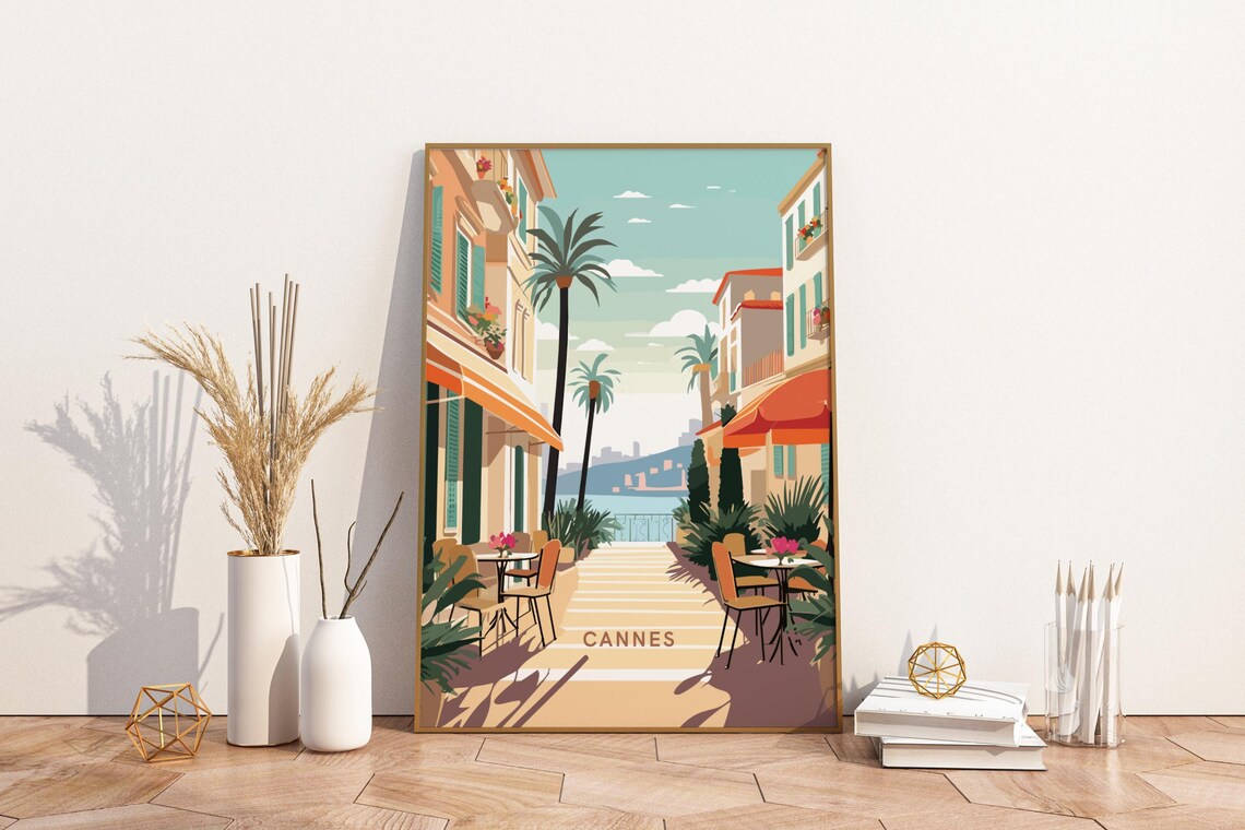 Cannes France Palm Tree Cafe Street Riviera Vintage Art Poster