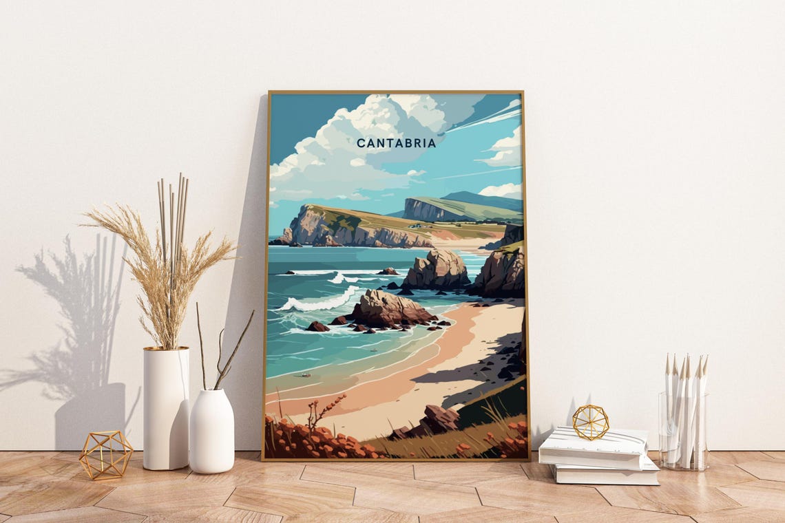 Cantabria Spain Dramatic Rocky Coastline Vintage Travel Poster