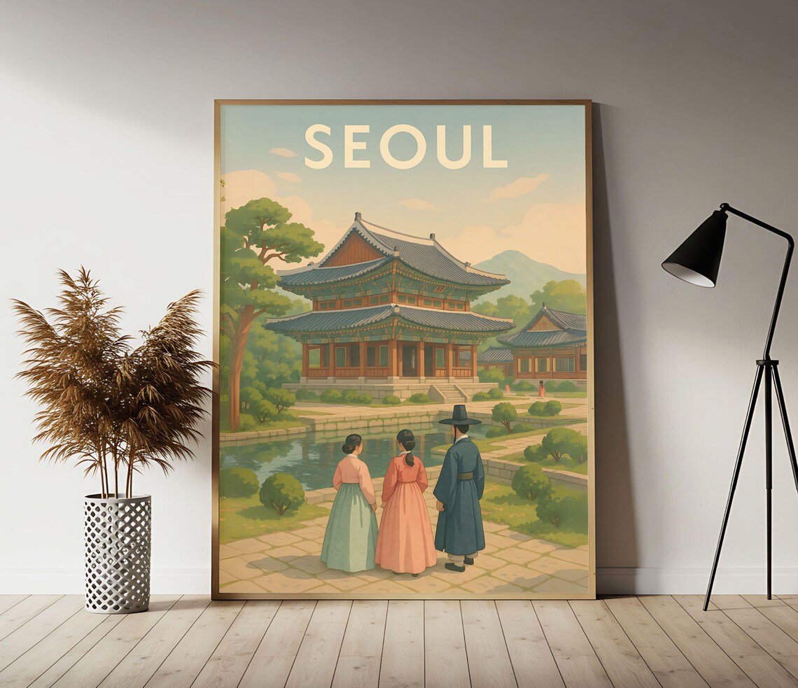 Seoul Royal Palace Garden Traditional Vintage Korea Travel Poster