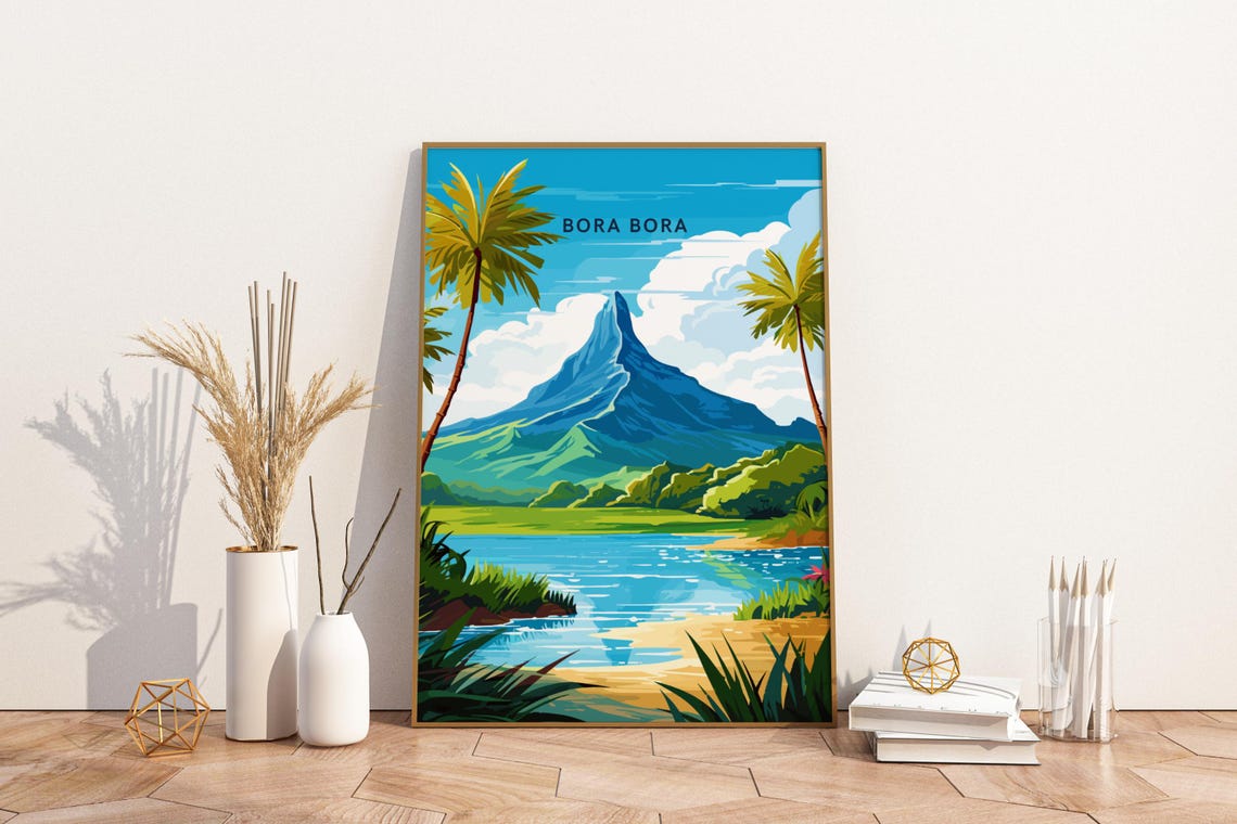 Bora Bora Tropical Island Peak And Palm Beach Travel Poster Art