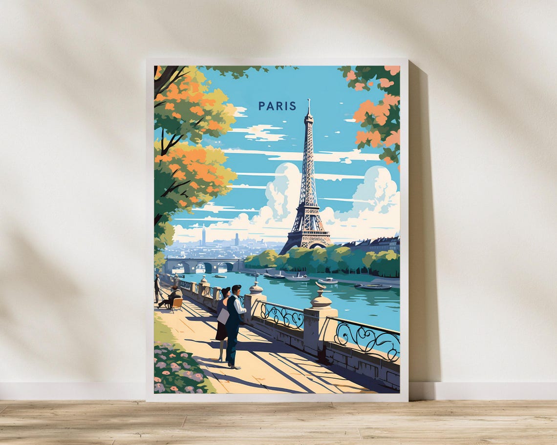 Paris Eiffel Tower River Seine Autumn Romantic Vintage Travel Poster
