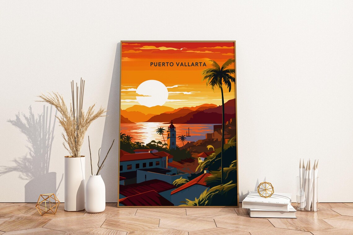 Sunset Over Puerto Vallarta Mexico Travel Print Poster Wall Art
