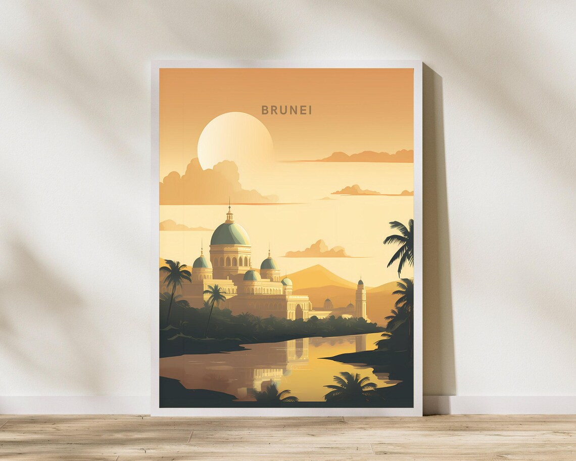 Brunei Omar Ali Saifuddien Mosque Golden Sunset River Travel Poster