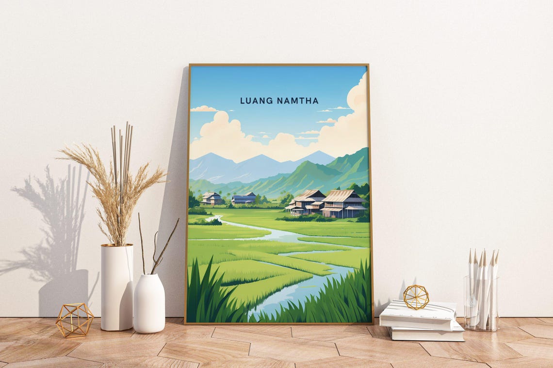Luang Namtha Laos Emerald Rice Fields Village Vintage Travel Poster