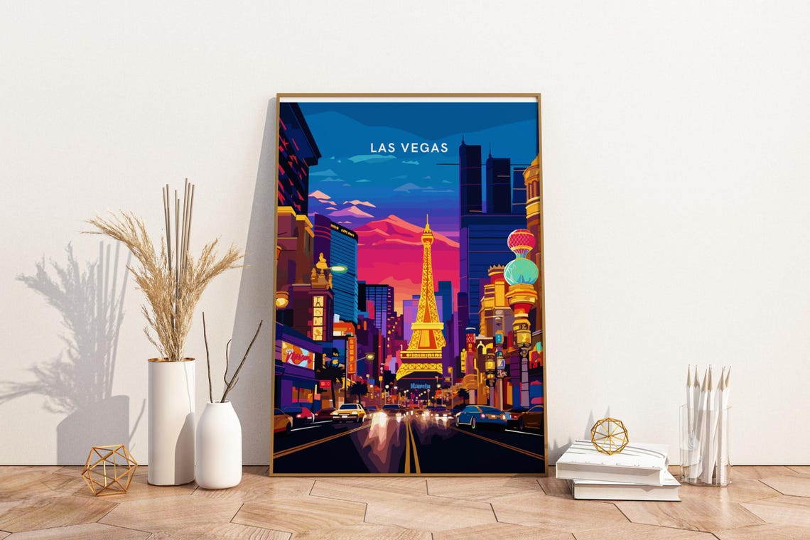 Las Vegas Nevada Night Strip Eiffel Tower Neon Lights Poster