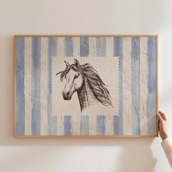 Vintage Striped Horse Print Western Bedroom Nursery Wall Art Rustic Mid Century Modern Decor Retro