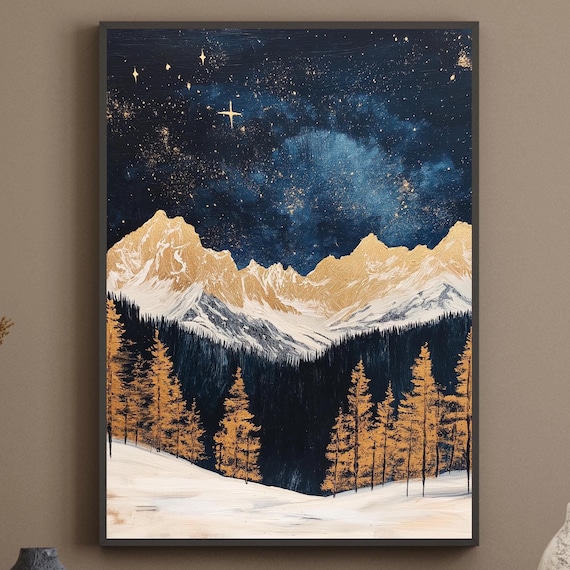 Golden Mountains Under Starry Night Winter Landscape Art Mountain Wall Sky Gold Accent Artwork