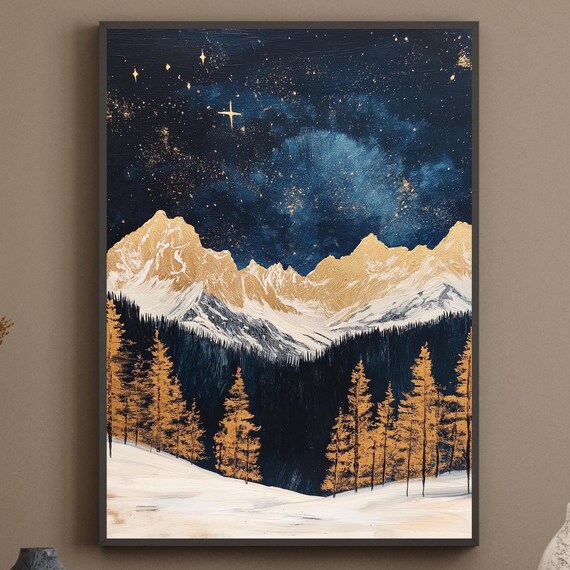 Starry Night Mountain Peaks Gold Pines Snowy Forest Winter Poster