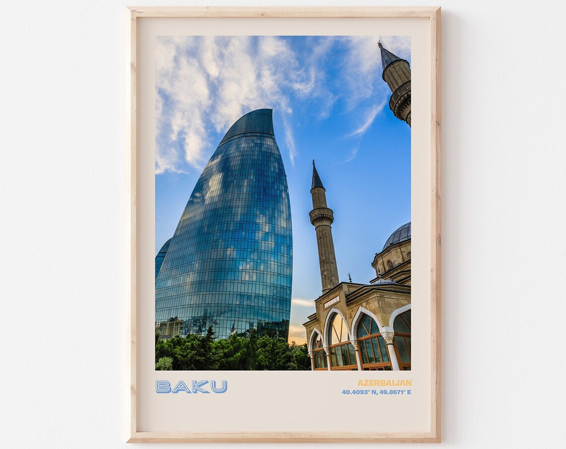 Baku Azerbaijan Flame Towers and Historic Old Mosque View Poster