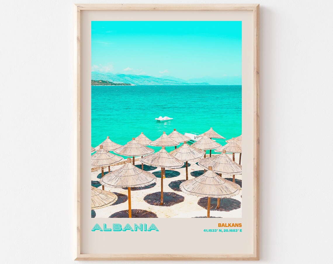 Albania Balkans Beach Straw Umbrellas Turquoise Sea View Poster